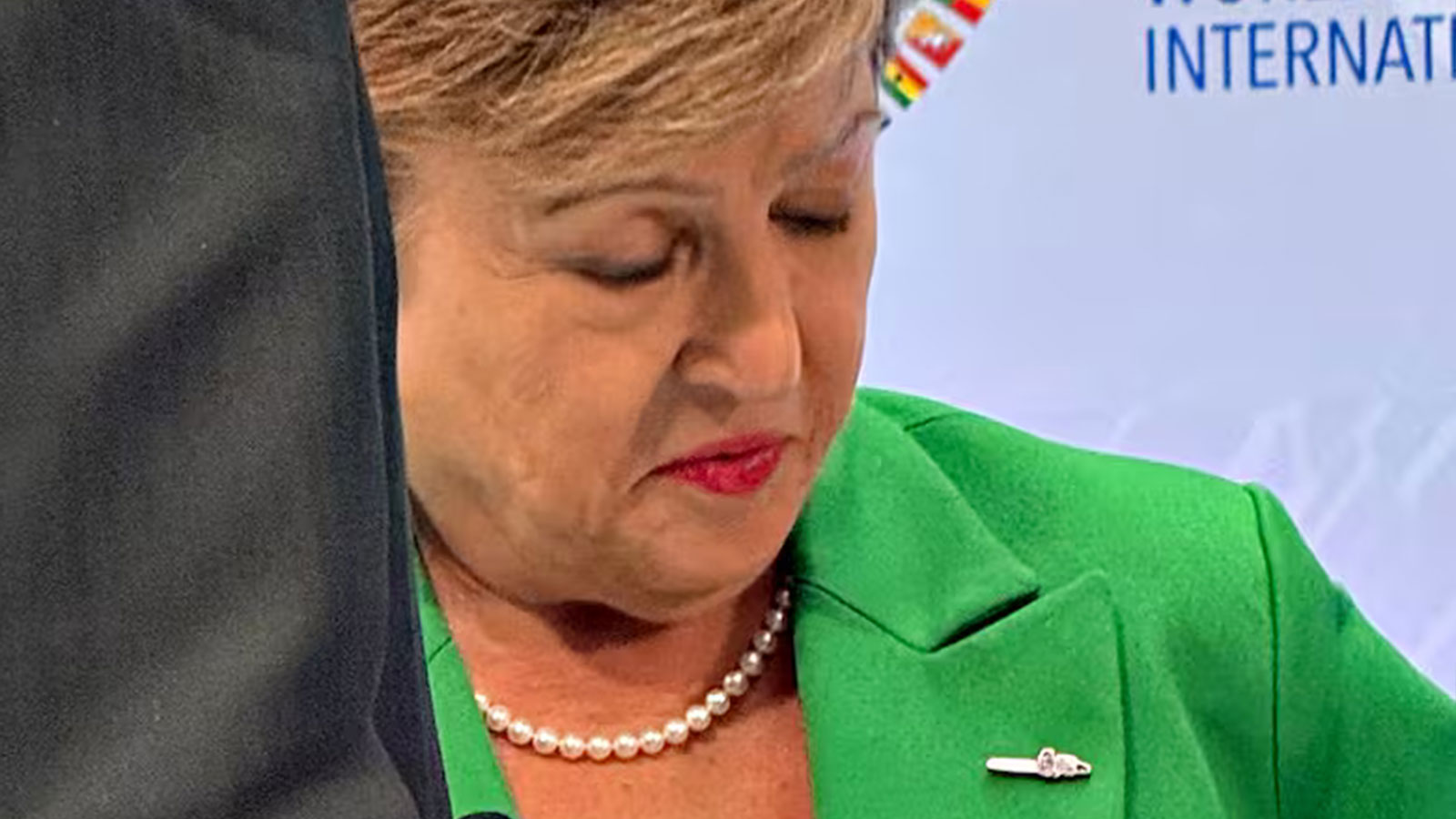 IMF President Kristalina Georgieva wearing a chainsaw pin gifted to her by the Argentine government. Source: La Nacion, G. Idiart